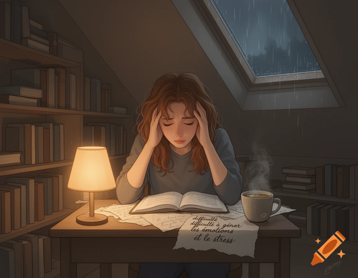An illustration of a woman with red hair, head in hands, sitting at a desk studying in a dimly lit attic room with rain visible through a skylight.