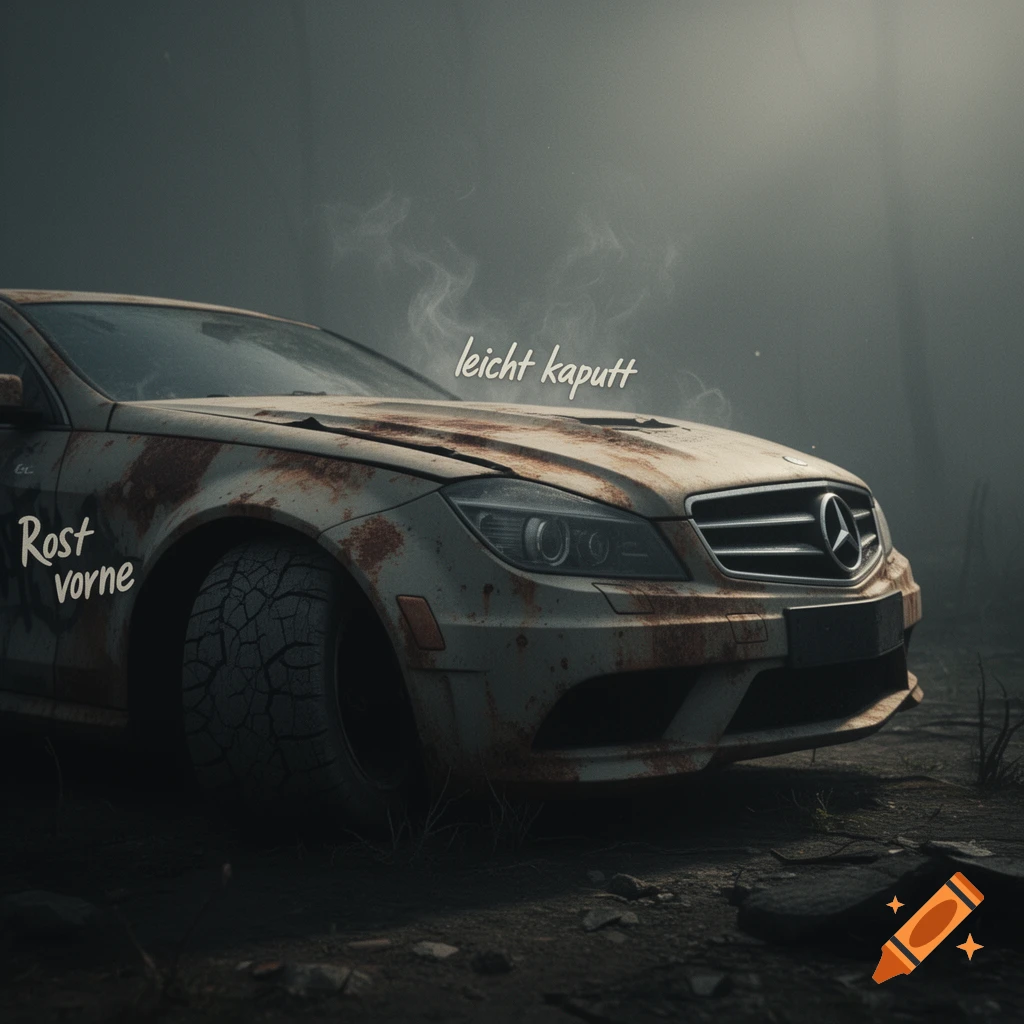 A rusted Mercedes C63 AMG with cracked tires sits in a dark, misty, post-apocalyptic environment, with text "Rost vorne" and "leicht kaputt".