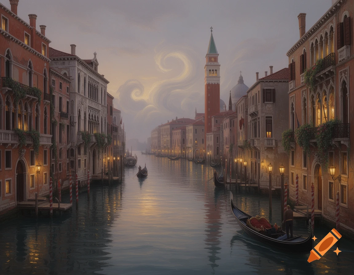 A scenic view of a Venetian canal at dusk, with gondolas on the water, historic buildings lining the banks, and a prominent bell tower.