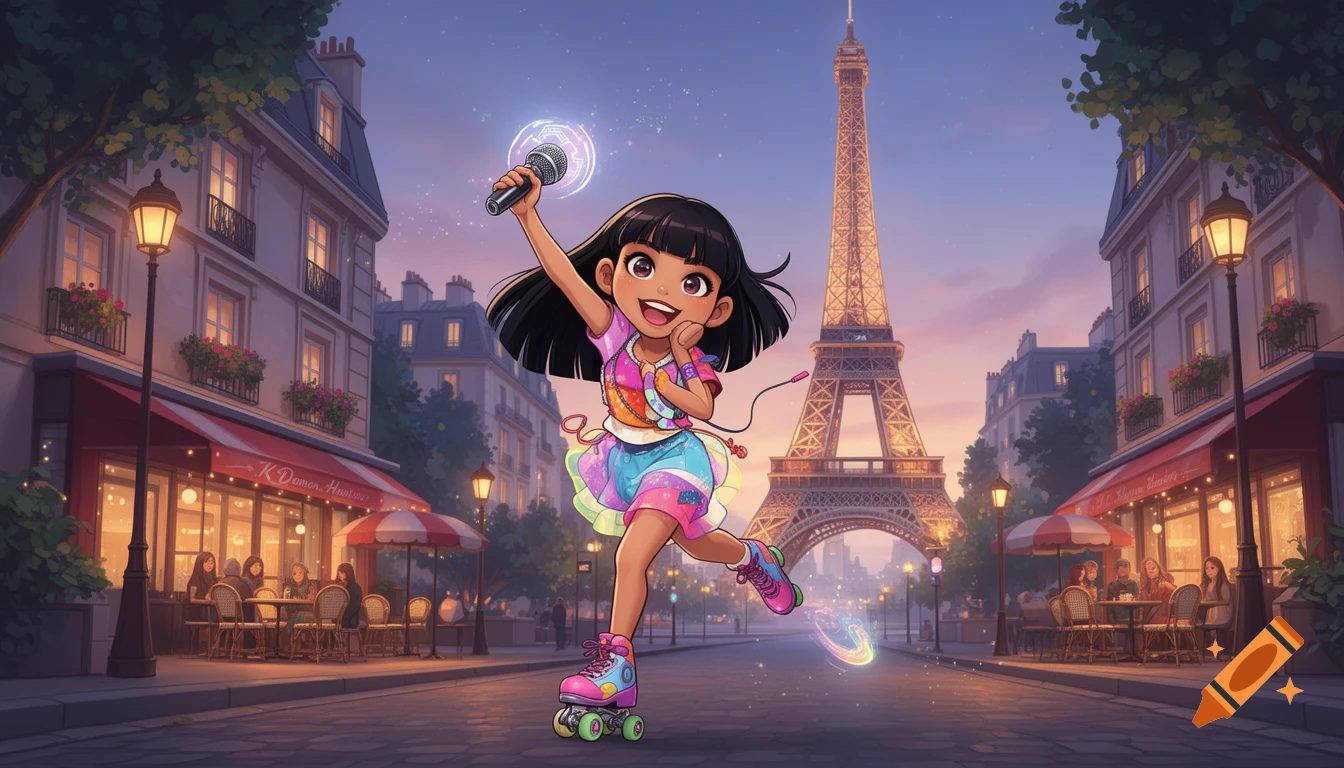 Animated Latina girl with dark hair roller skating and singing into a microphone in a vibrant, magical Paris street with the Eiffel Tower in the background.