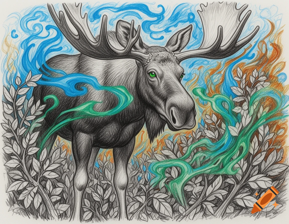 Graphite drawing of a moose with green eyes and large antlers, surrounded by vibrant blue, green, and orange expressionistic swirls and foliage.