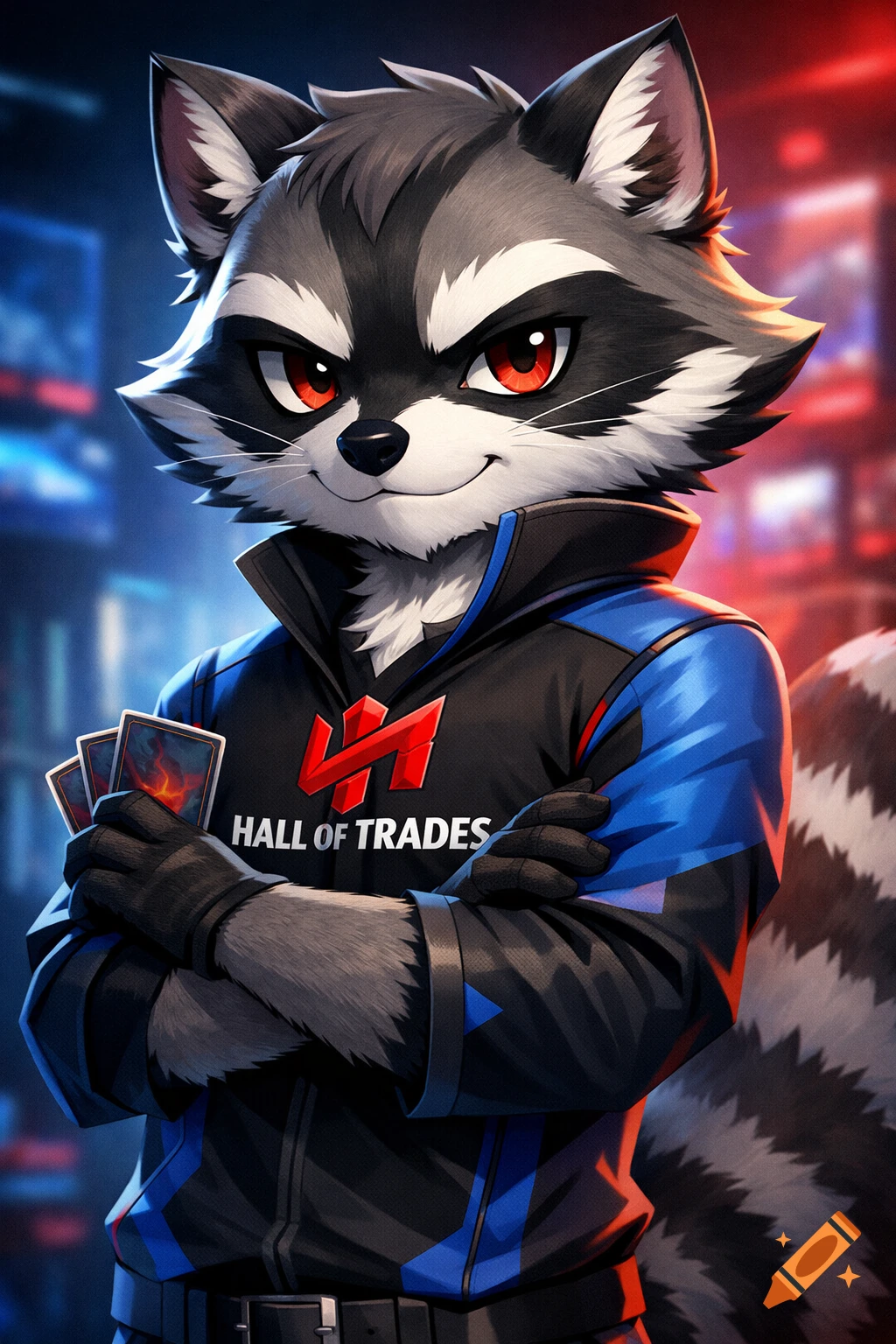 A clever, confident anime-style raccoon mascot in a blue and black jacket with 'Hall of Trades' text, holding trading cards.