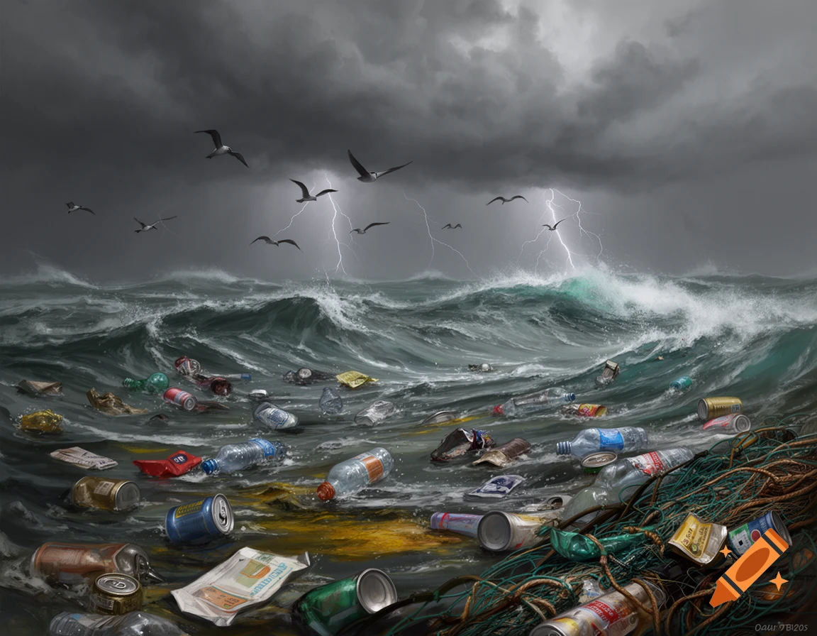 A stormy, dark ocean scene with large waves, lightning, and a dark sky. The water is heavily polluted with various plastic bottles, cans, and a discarded fishing net.