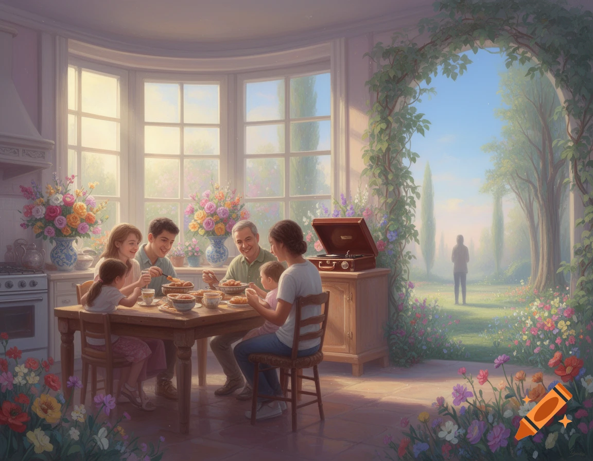 A family eats breakfast in a sunlit kitchen, looking out onto a bright, flowery garden with a person standing under a leafy archway. Digital painting.