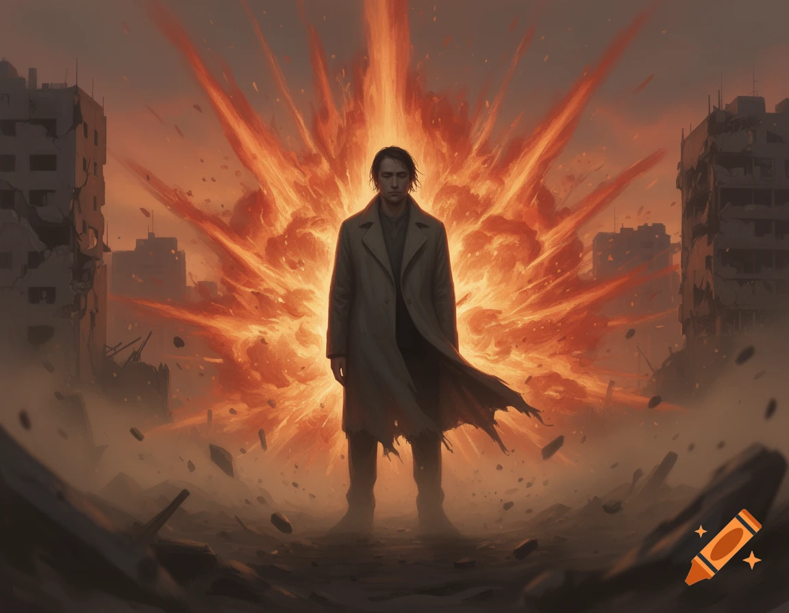 A man stands emotionless in a destroyed city as a massive explosion erupts behind him, digital art.
