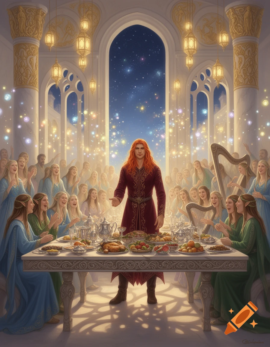 A red-haired man stands at a long table laden with food, surrounded by elves feasting in a grand, brightly lit hall. Stars are visible through a tall archway.