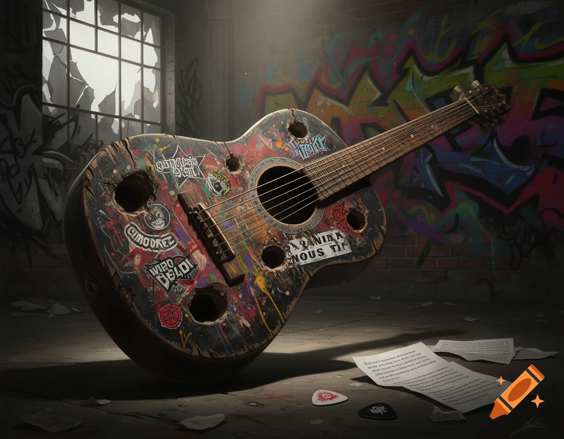 A worn, graffiti-covered acoustic guitar with stickers and multiple holes, illuminated by a spotlight in a grungy room with broken windows and papers on the floor.