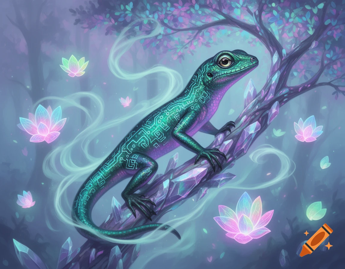 A vibrant green and purple lizard with circuit patterns climbs a crystal branch in a mystical forest with glowing lotus flowers.