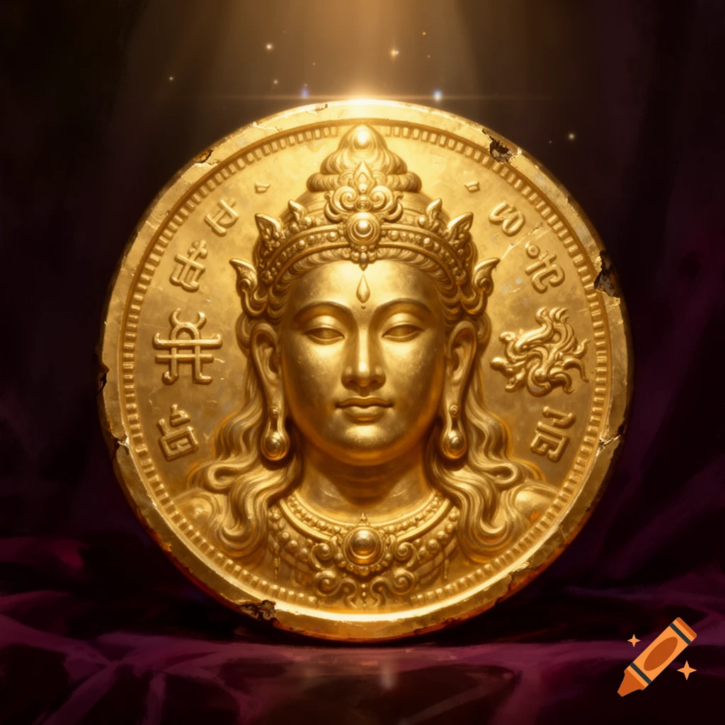 Golden coin with a relief sculpture of a crowned deity's face, surrounded by decorative symbols, on a dark, glowing background.
