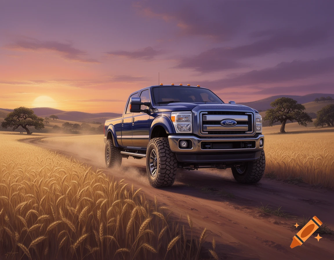A blue Ford F350 pickup truck drives on a dirt road through a golden wheat field at sunset, with rolling hills in the background.
