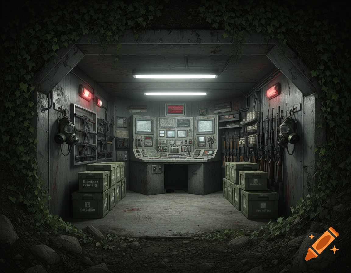 A detailed view inside an underground bunker, featuring a control console, multiple screens, weapons racks, gas masks, and supply crates labeled "Emergency Rations" and "First Aid Kits". Ivy grows around the concrete entrance.