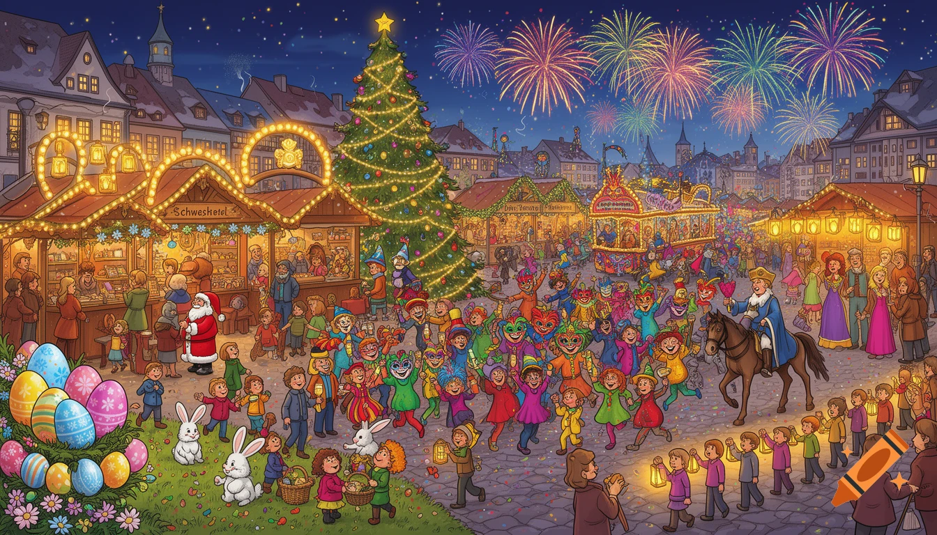 A detailed Wimmelbild cartoon illustration of a bustling German town square at night, combining a Christmas market, Easter celebration, carnival parade, Martinstag procession, and New Year's Eve fireworks.