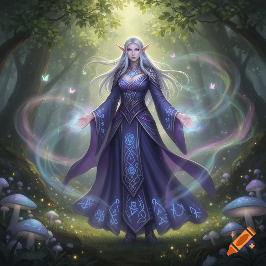 An elegant female elf with long white hair and glowing hands stands in a magical forest, surrounded by colorful light streams and glowing mushrooms.