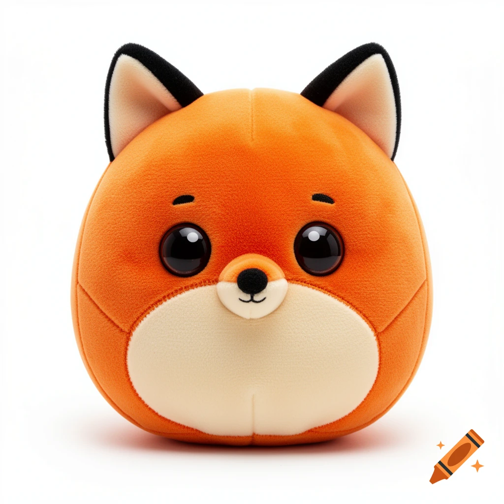 A cartoonish, round orange and cream plush fox with big black sparkling eyes, a small nose, and pointed ears on a white background.