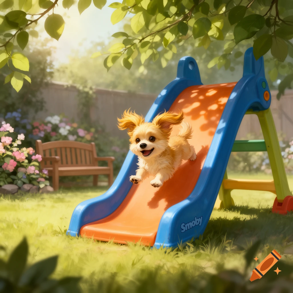 A happy golden puppy slides down a blue and orange backyard slide in a sunny garden.