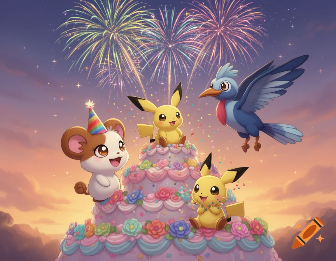 Cartoon hamster, two Pichu, and a blue bird celebrate on a tiered cake under fireworks.