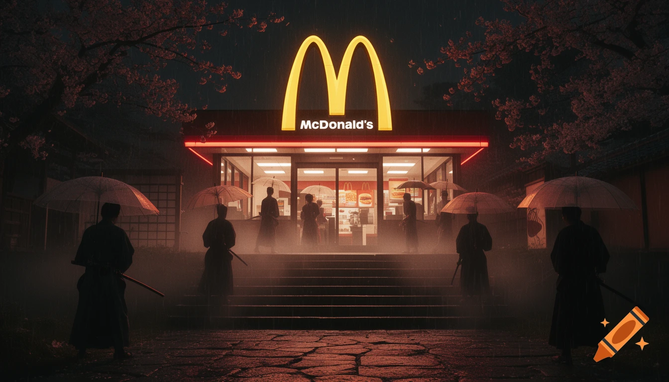 A cinematic, dark shot of a McDonald's restaurant at night, with silhouetted samurai figures holding umbrellas in the rain.