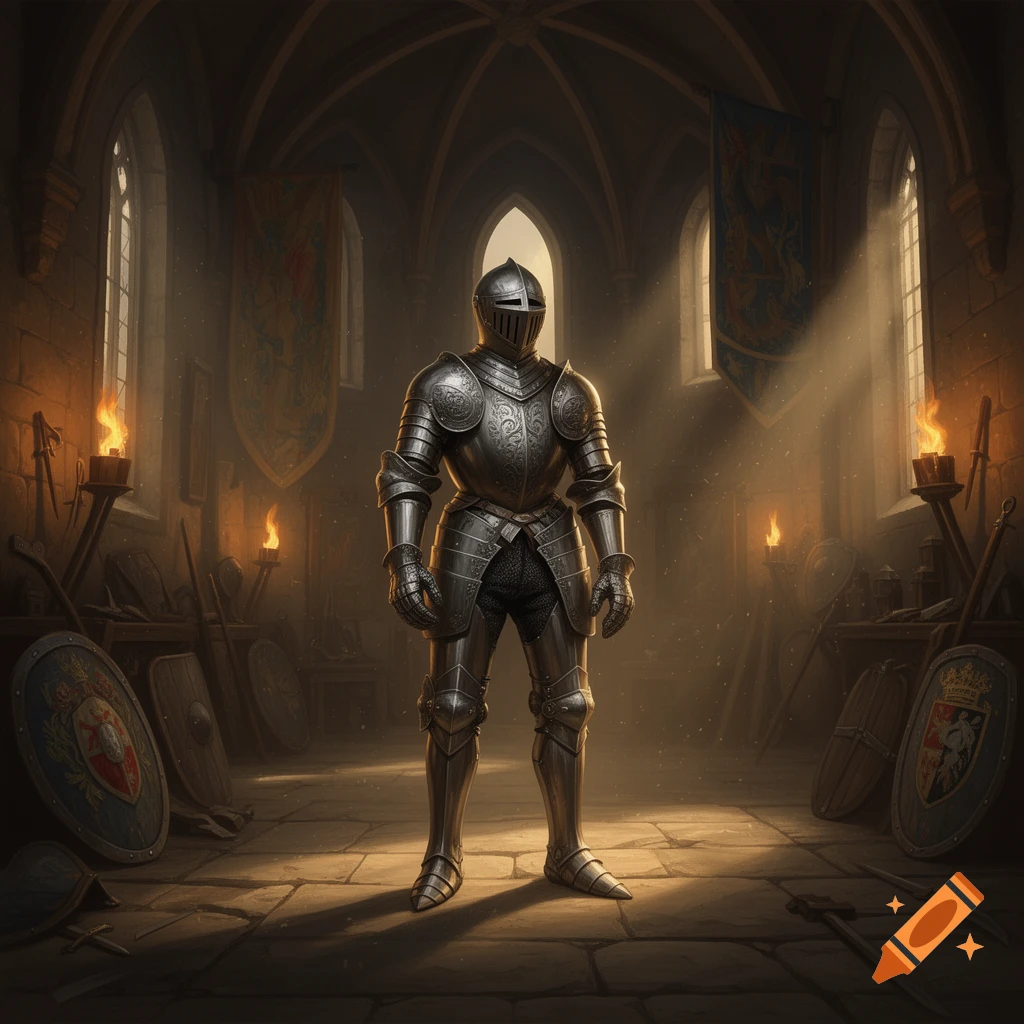A knight in full shining armor stands in a dimly lit, arched medieval hall with burning torches and shields.