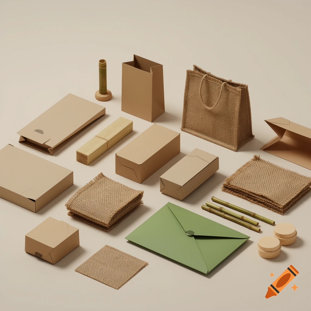 Various natural and eco-friendly packaging materials including cardboard boxes, burlap fabric, a green envelope, and bamboo sticks.