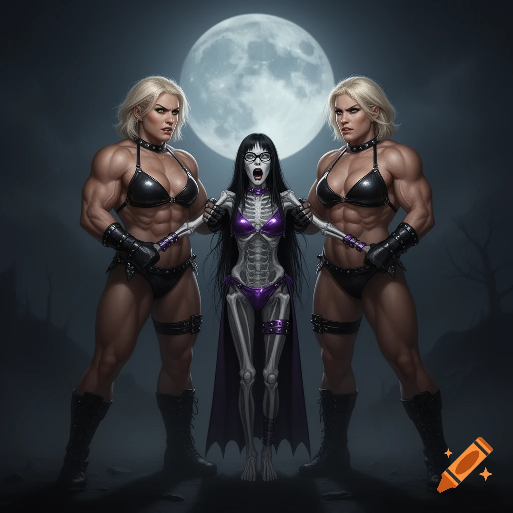Two muscular blonde women in black bikinis holding a screaming skeletal goth woman in a purple bikini under a full moon.