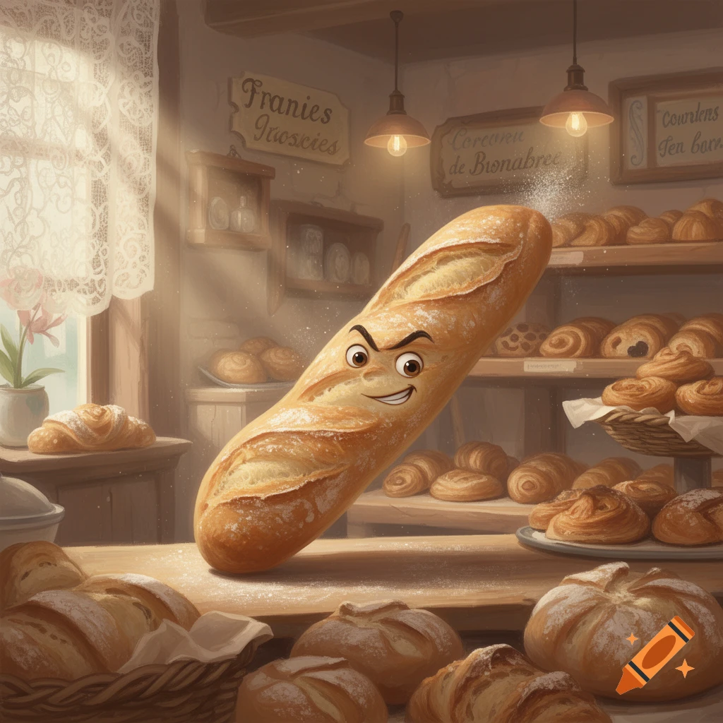 A cartoonish baguette with an angry face stands on a bakery counter, surrounded by various pastries and bread, in an illustrative style.
