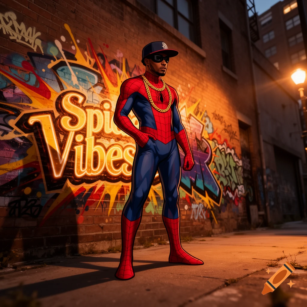 A man in a Spider-Man suit, backward cap, sunglasses, and gold chain stands against a graffiti-covered brick wall with 'Spide Vibes' in a comic book art style.
