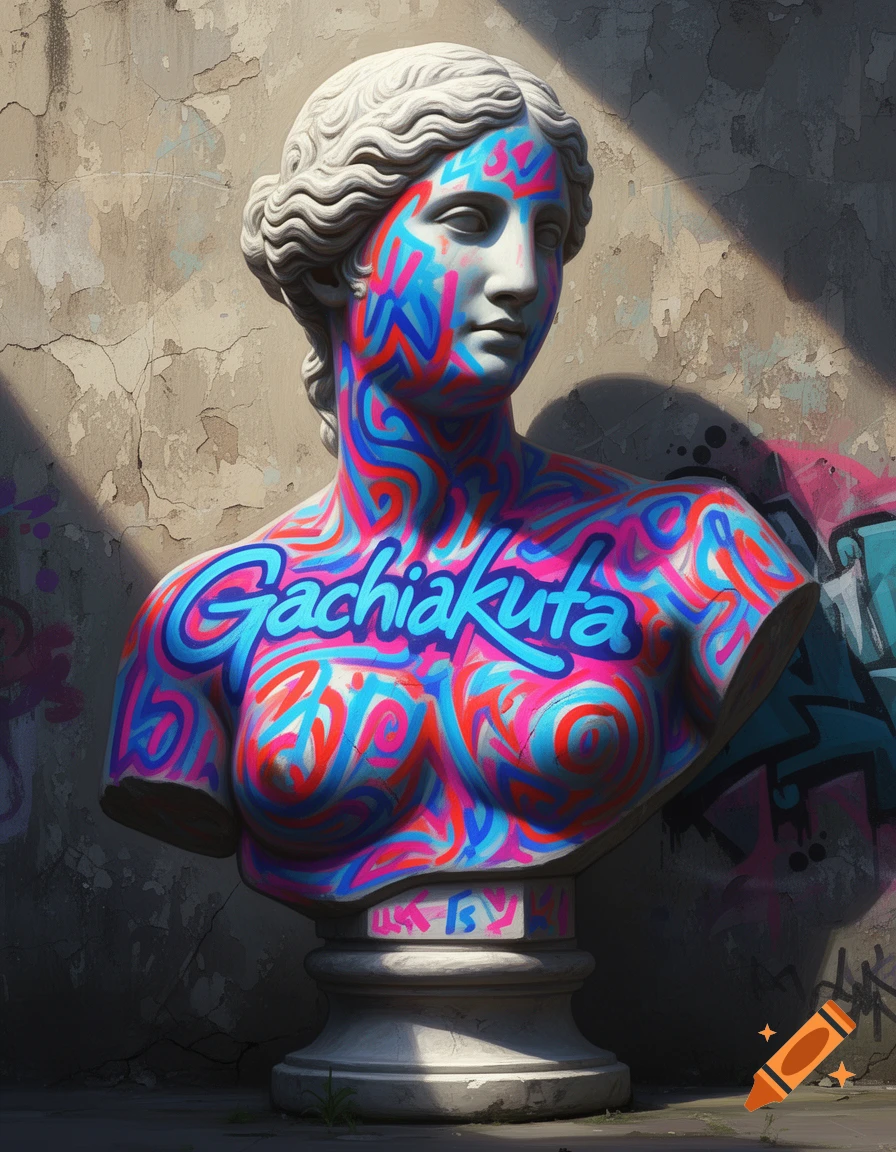 White classical bust of Venus de Milo covered in vibrant pink, blue, and red graffiti with 'Gachiakuta' text, against a grunge wall.