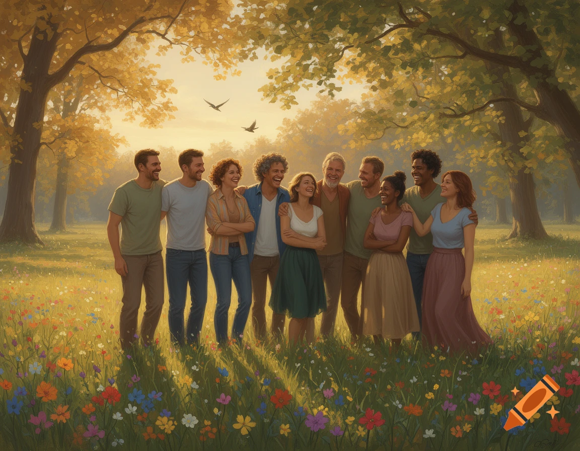 A diverse group of happy people standing in a sunlit meadow of wildflowers beneath autumn trees, in a realistic painting.