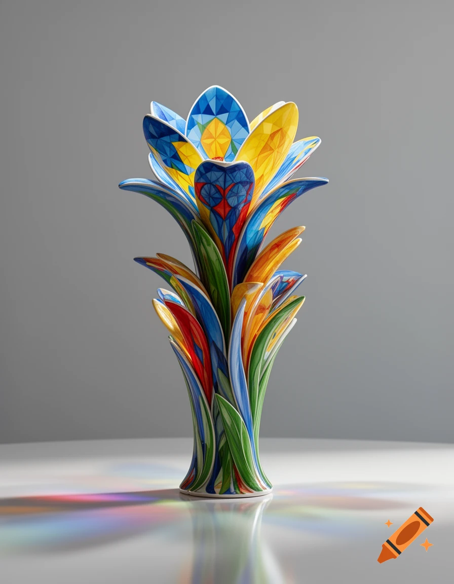 A vibrant, flower-shaped vase with a colorful geometric mosaic pattern stands on a reflective white surface against a grey background.