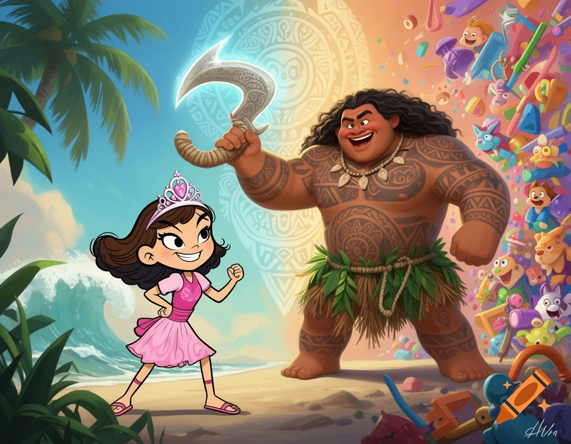 A stylized cartoon image of Lola Loud in a pink princess dress facing off against Maui from Moana on a beach. Maui holds his glowing fishhook while a pile of colorful toys sits behind him.