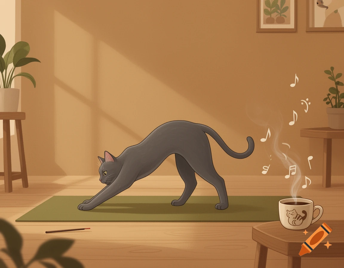 A gray cat does a yoga pose on a green mat in a cozy, sunlit room with musical notes rising from a coffee cup. Illustrated.
