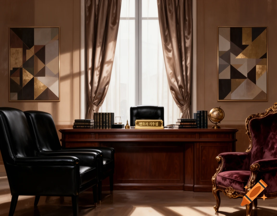 A grand, photorealistic lawyer's office with a large wooden desk, black leather chairs, heavy brown curtains, and abstract art.