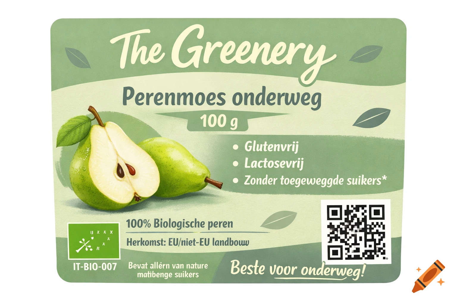An eco-friendly pear sauce label, green and cream, featuring a whole and a halved pear, with text 'The Greenery Perenmoes onderweg 100g'