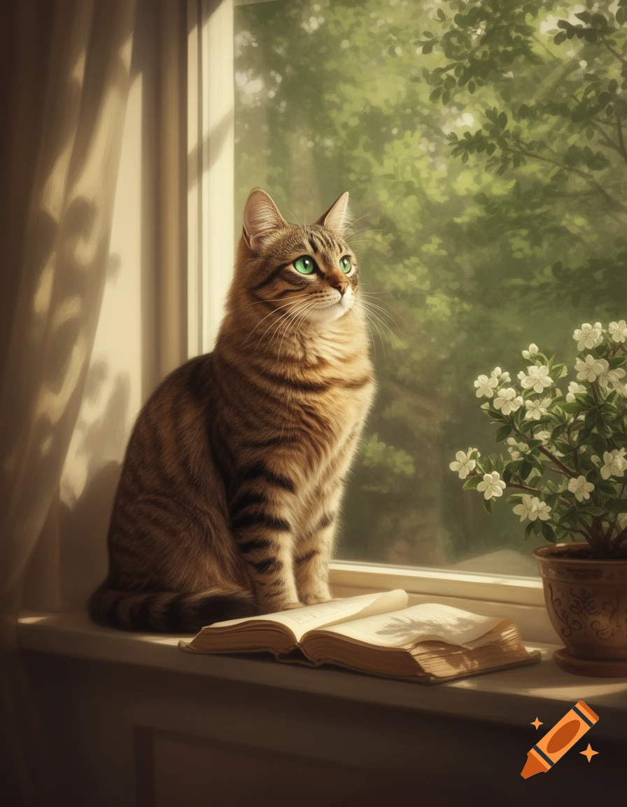 A striped tabby cat with green eyes sits on a sunlit windowsill next to an open book and a potted plant, looking out at green trees.