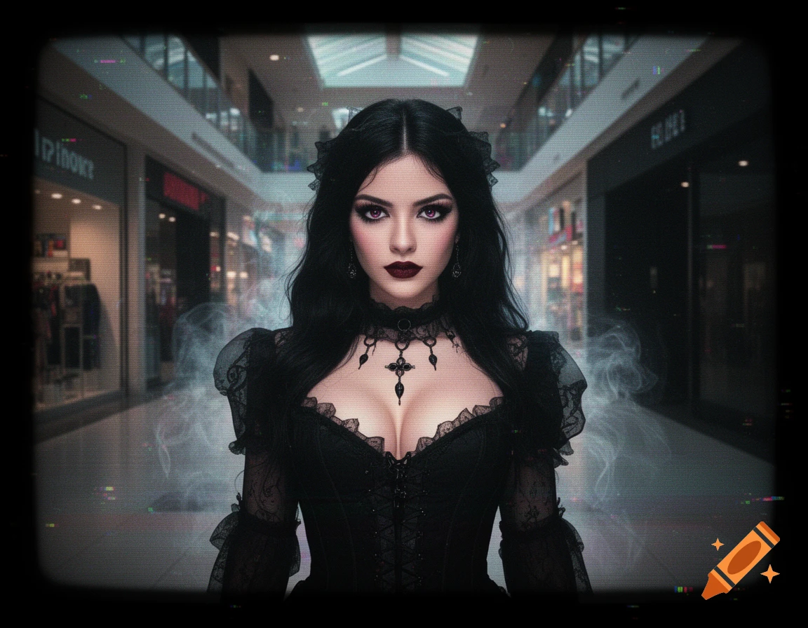 A goth woman with dark hair and striking makeup poses in a lo-fi, cctv-style shot inside a mall.