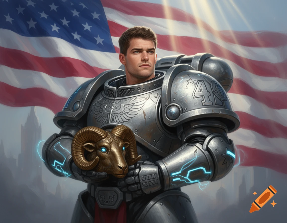 A man in grey futuristic power armor holding a golden ram's head with glowing blue eyes, standing before a large American flag.