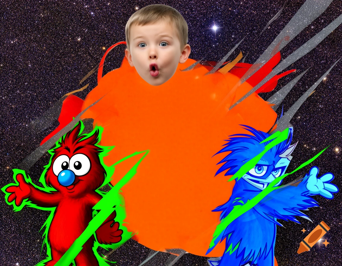 A chaotic collage with a surprised boy's face, red and blue cartoon monsters, an orange blob, and green lines against a starry space background.