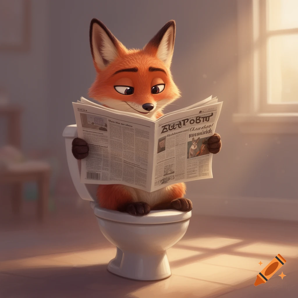 A cartoon fox, similar to Finnick from Zootopia, sits on a toilet reading a newspaper in a warm, sunlit bathroom.