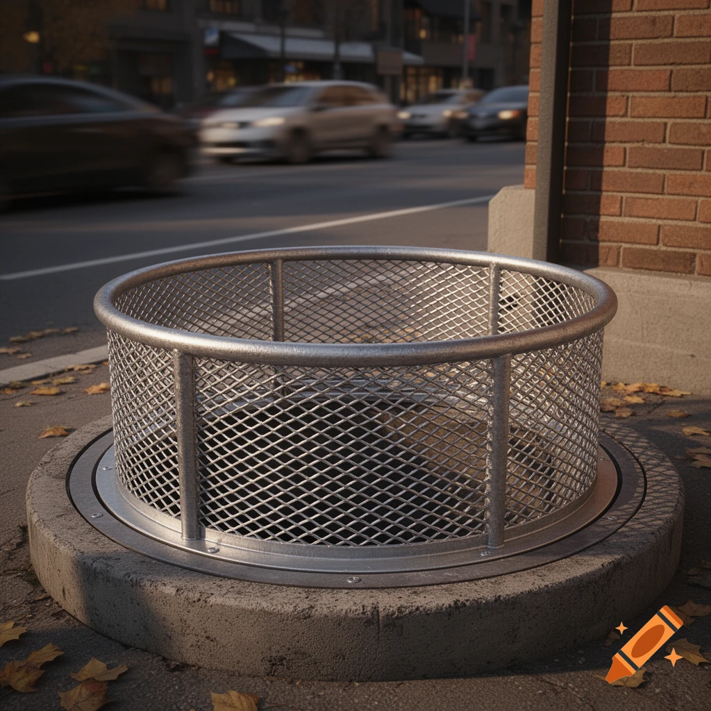 Photorealistic image of a round metal grate covering a manhole on a city street with blurred cars and autumn leaves.