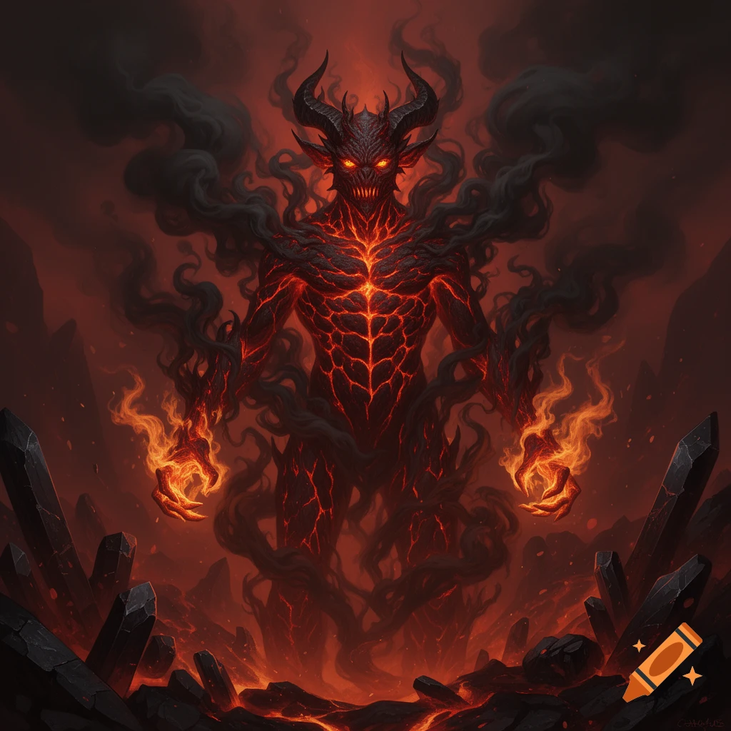 A horned fire demon with glowing red eyes and cracking lava skin, surrounded by dark smoke in a fiery, rocky hellscape.