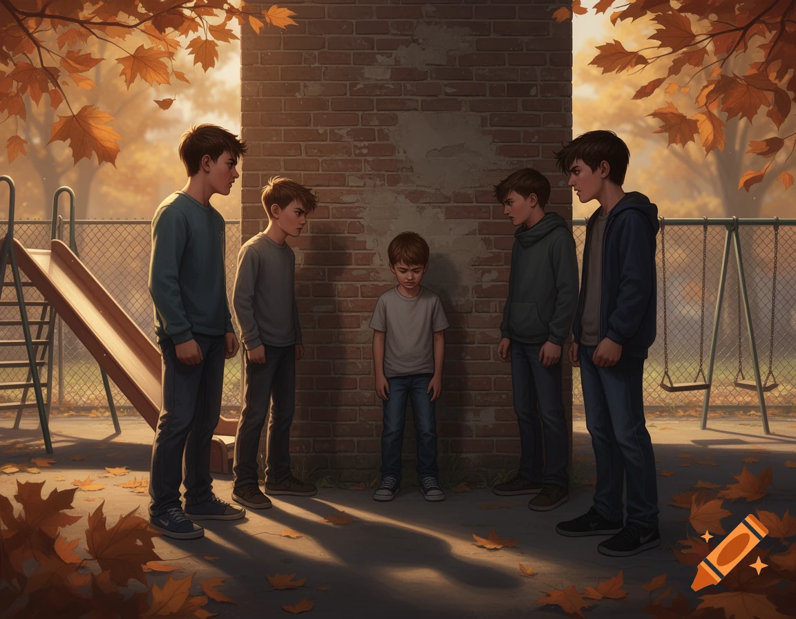 Illustration of three boys bullying a smaller boy in an autumn playground next to a brick wall.