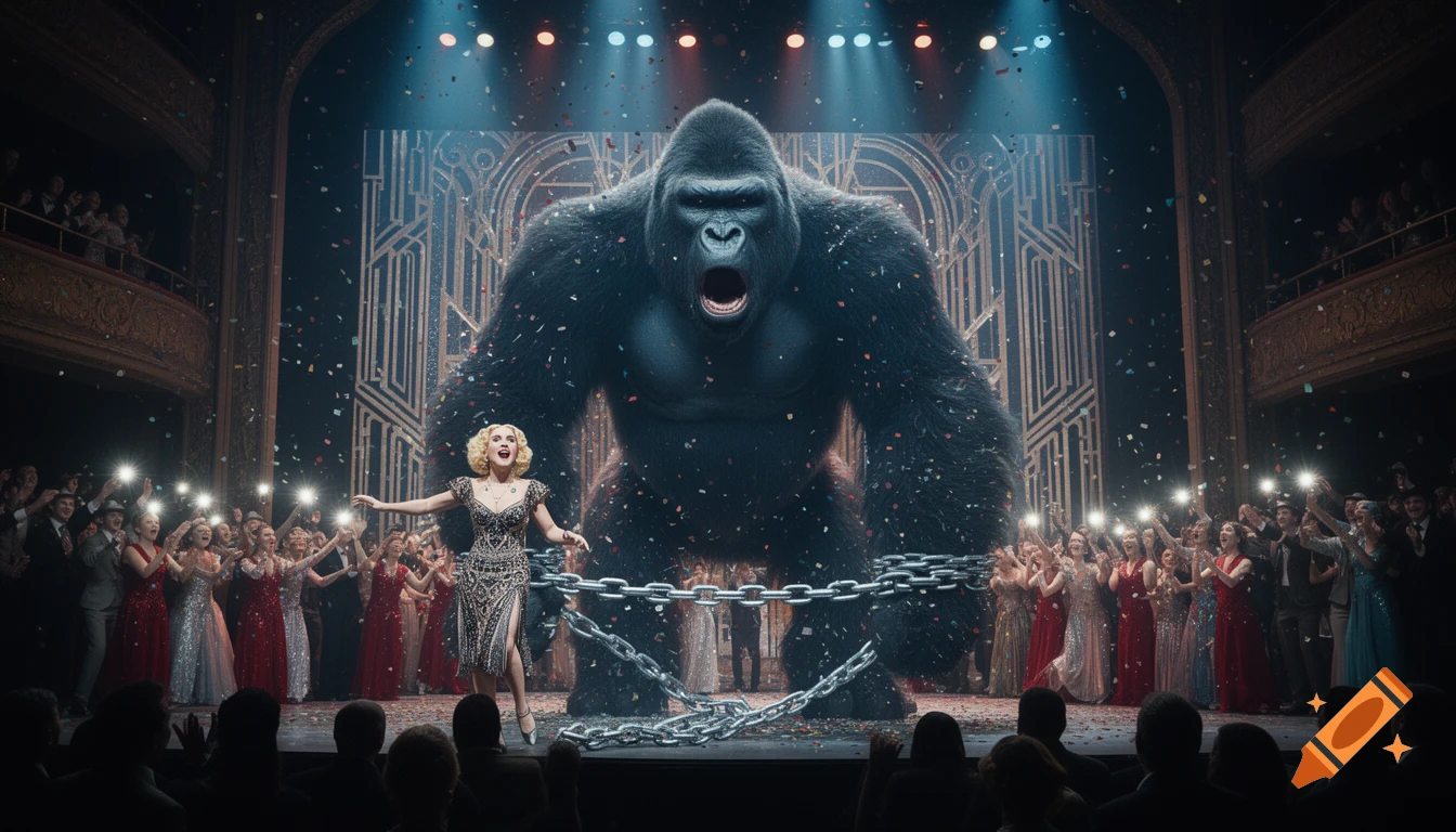 A giant chained gorilla roars on a stage with a glamorous woman in front of it, as confetti falls and a crowd watches with camera flashes in a theater.