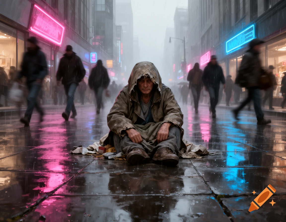 A hooded homeless person sits on a wet city street, surrounded by blurry pedestrians and neon reflections on the pavement in a photorealistic style.
