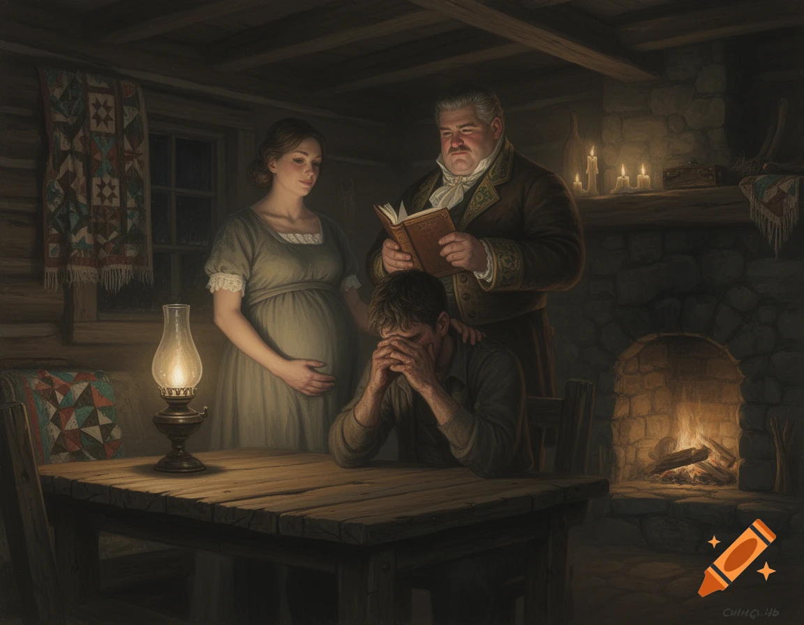 A pregnant woman and a well-dressed man comfort a distressed man with his face in his hands, in a dimly lit rustic cabin.