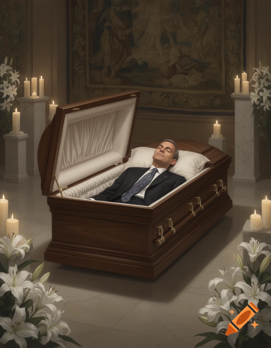 Photorealistic image of a man in a suit lying in an open wooden casket, surrounded by white lilies and lit candles.