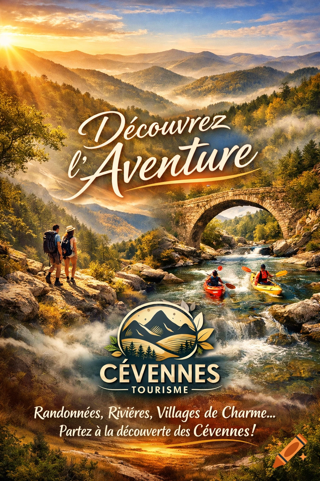 A tourism poster for Cévennes, France, showing hikers and kayakers in a mountain landscape with an old bridge and a river at sunset.
