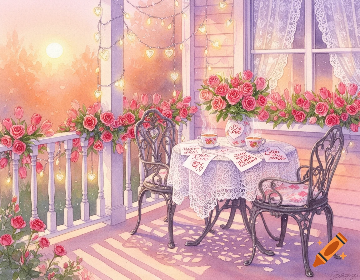 A watercolor painting of a romantic front porch decorated for Valentine's Day with pink roses, tulips, heart lights, and a table set for tea at sunrise.