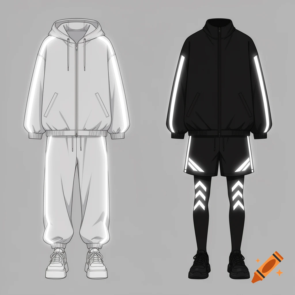 Anime-style illustration of two streetwear outfits: a white hooded tracksuit and a black jacket, shorts, and leggings combo, both with reflective accents.
