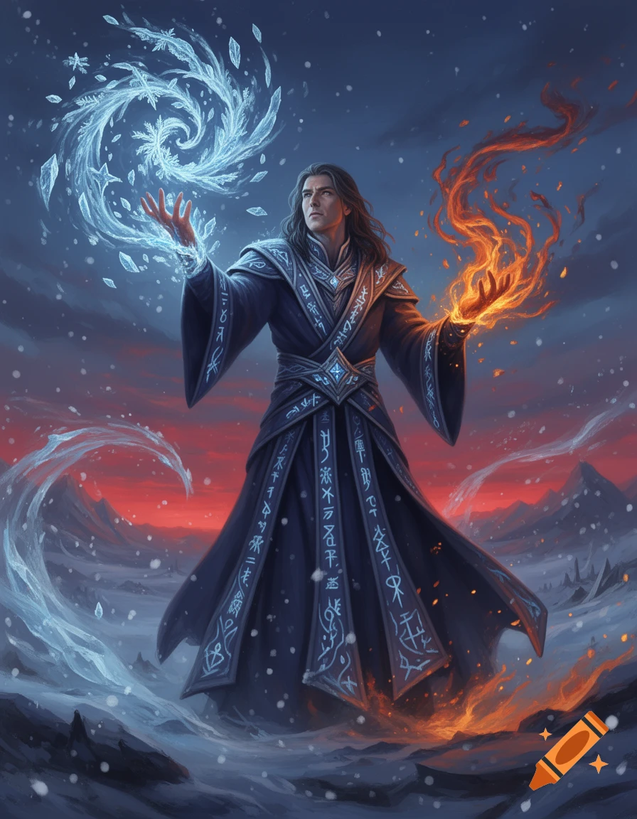 A fantasy mage in dark robes casts swirling ice and fire spells from ...