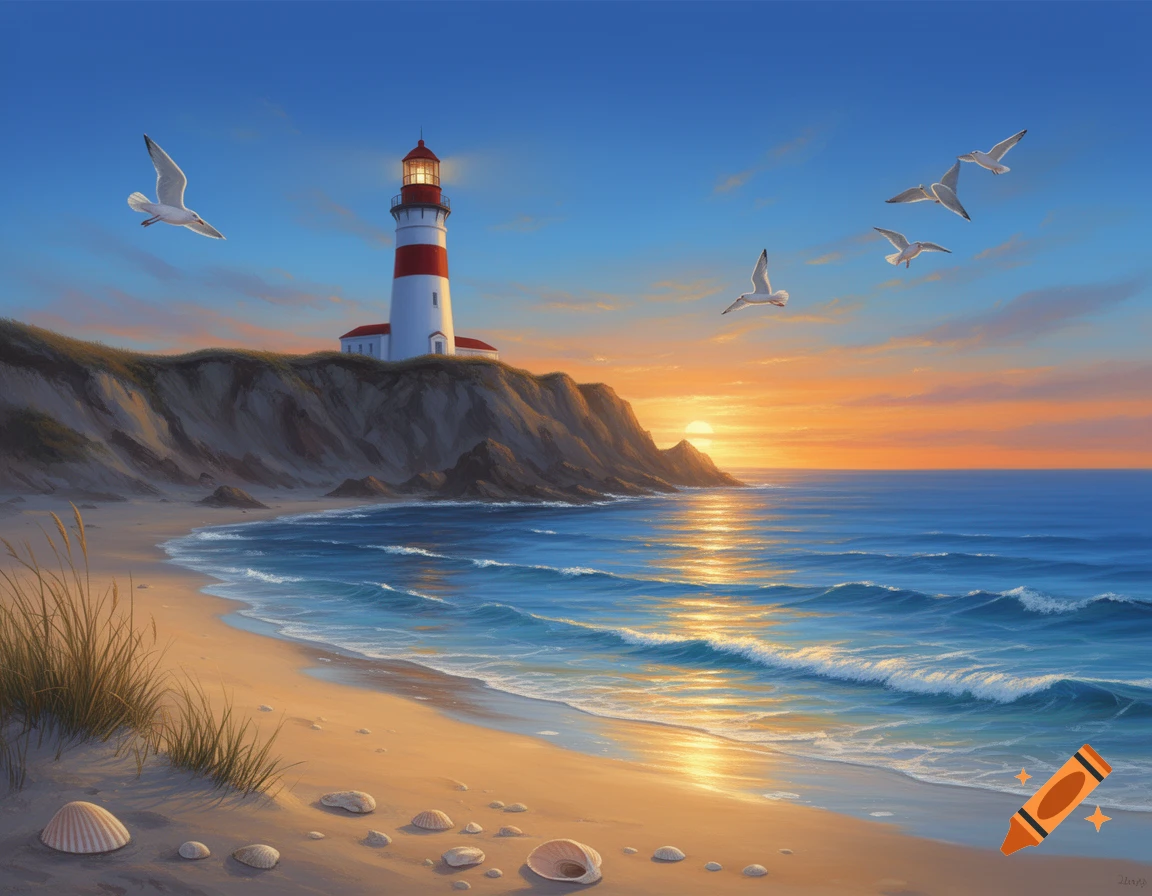 A scenic painting of a red and white lighthouse on a cliff at sunset, overlooking a sandy beach with crashing waves and flying seagulls.